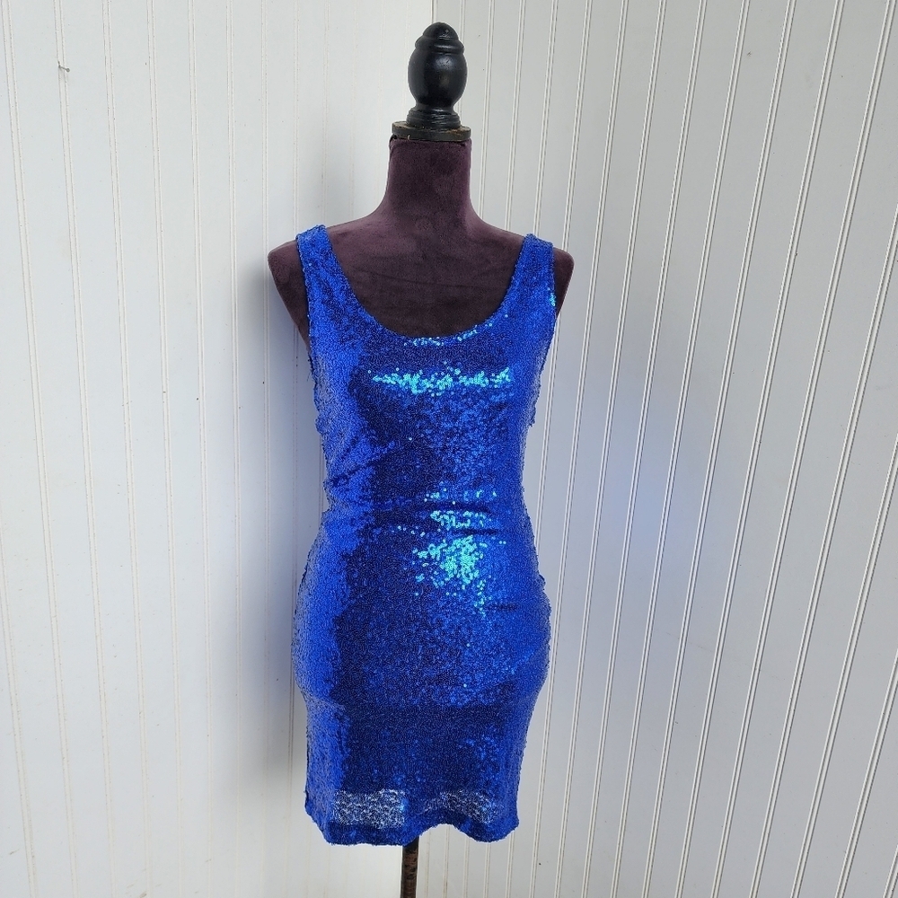 Sequin Hearts Womens Dress Royal Blue Sheath Sequined Illusion Juniors Sz L
